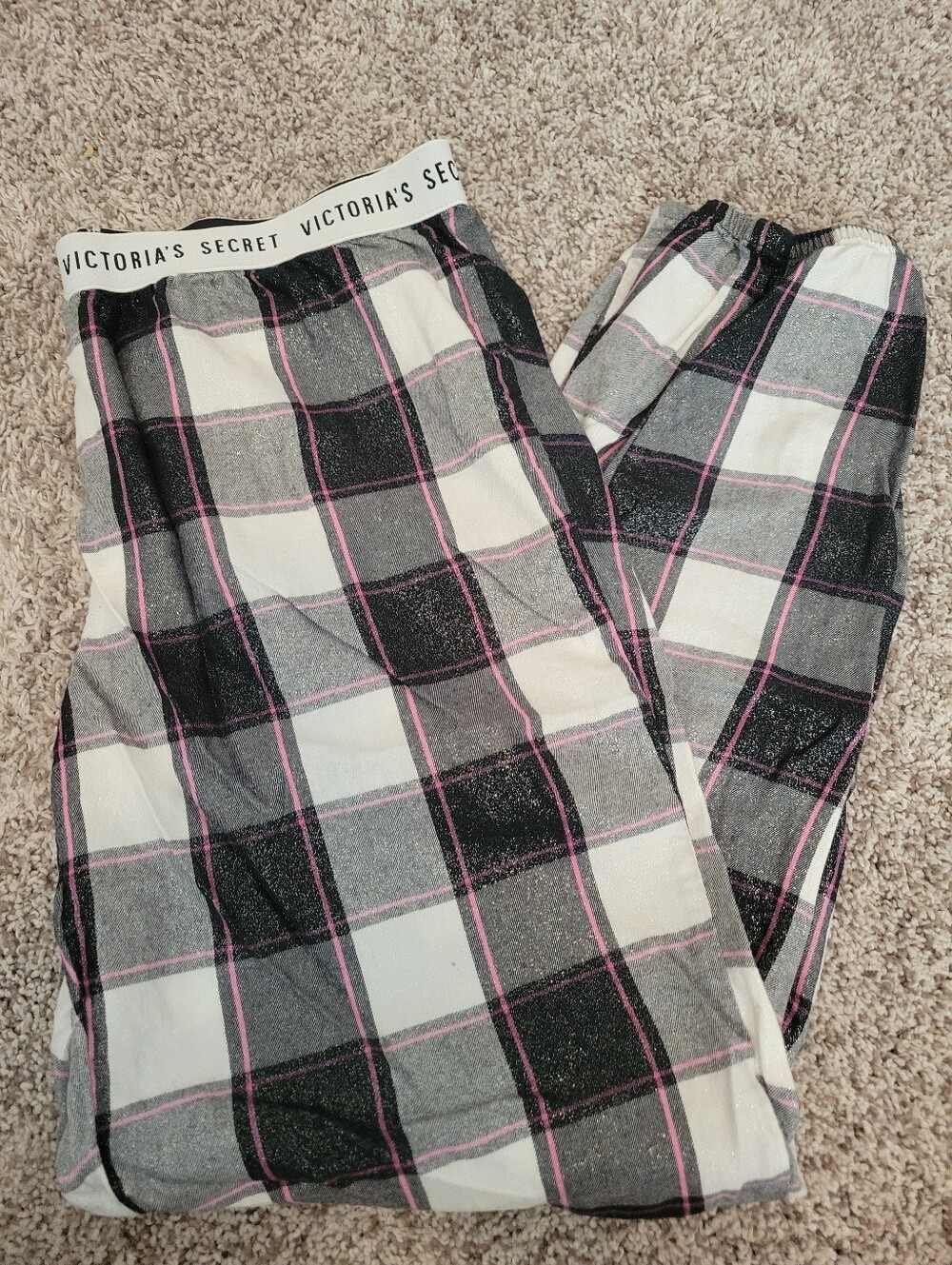 Victoria's Secret Black, White & Pink Plaid Women's Shimmer Jogger Pajama Pants